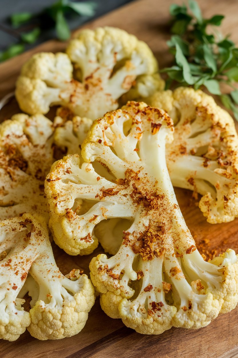 Indoor platter of thick cauliflower steaks dusted with cumin and chili flakes, roasted to golden brown. No text or logos.