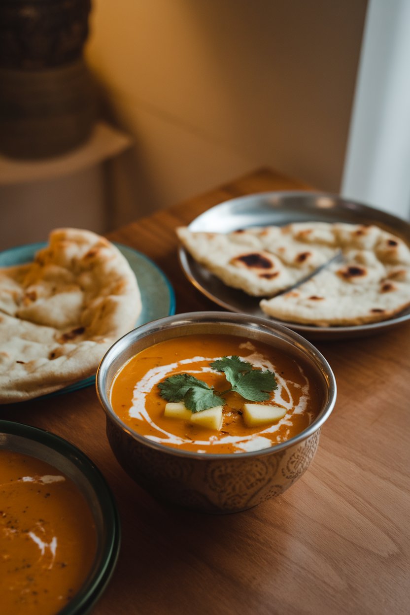 Indoor Indian dining table with bowl of mulligatawny soup, apple cubes and cilantro garnish. No text or logos. Photo.