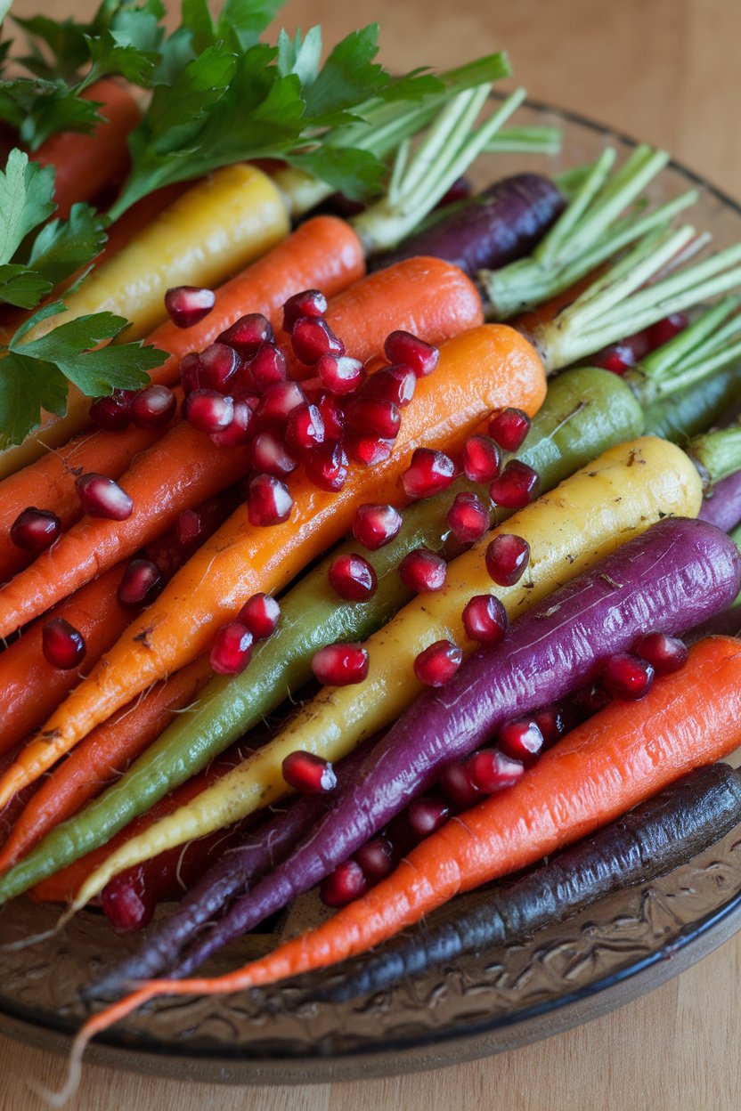 Photo of an indoor platter of roasted rainbow baby carrots sprinkled with fresh pomegranate arils and parsley, no text or logos.