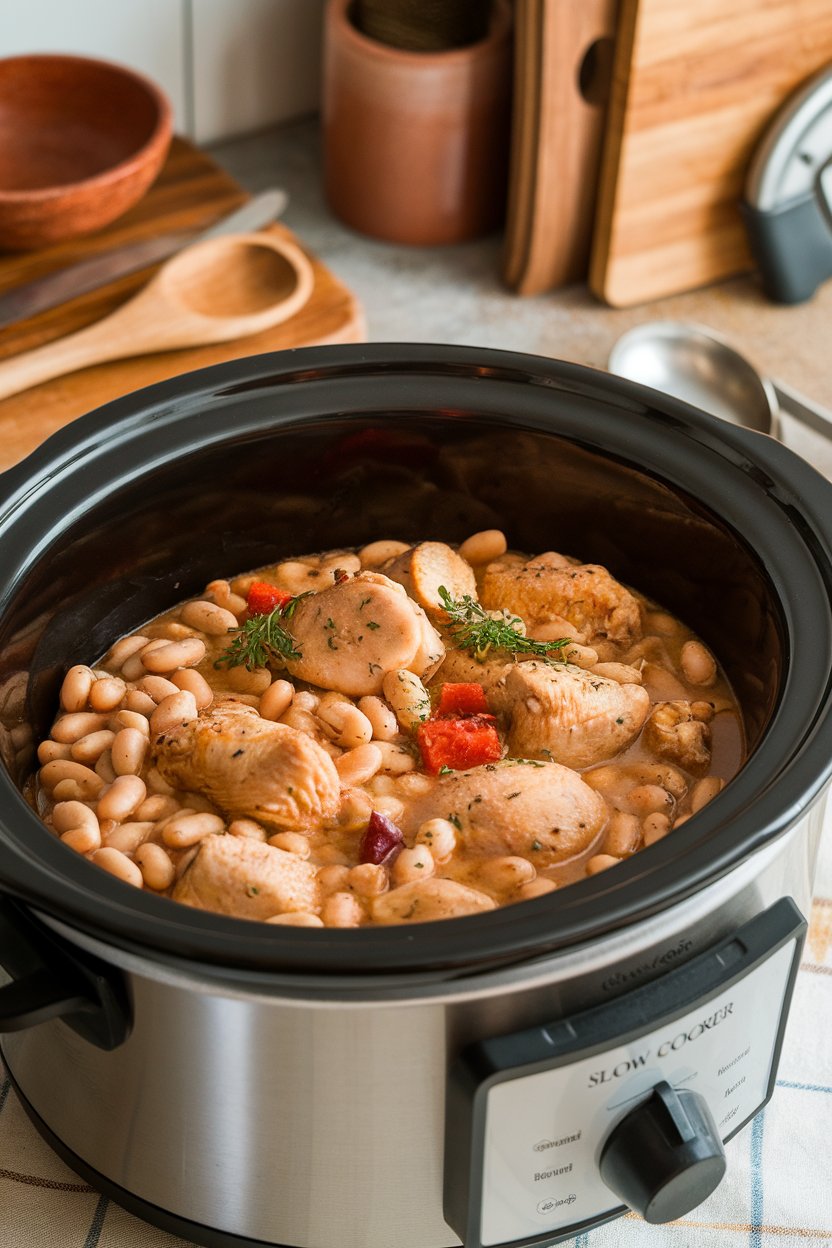 Indoor photo of a slow cooker insert filled with chicken and white bean stew, ladle resting nearby; cozy kitchen counter, no text or logos