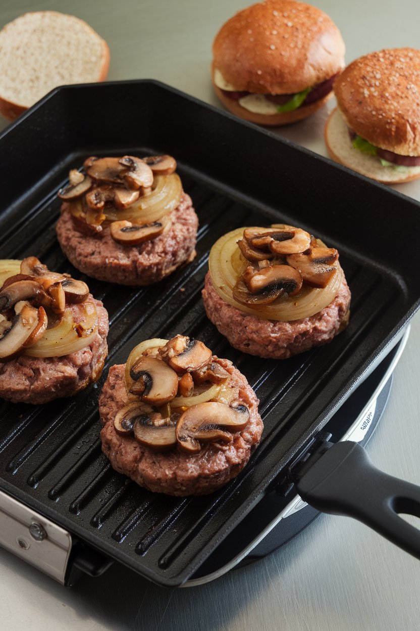 An indoor grill pan showing turkey burgers topped with caramelized onions and sautéed mushrooms, whole-grain buns ready nearby. No logos. Photo.