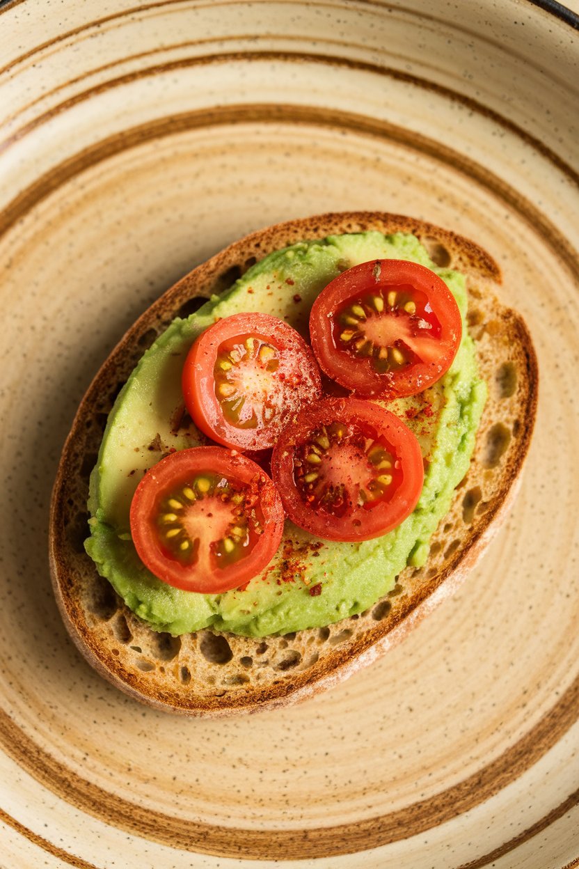 Indoor photo of a toasted sprouted grain slice topped with smashed avocado, cherry tomato halves, and a sprinkle of red pepper flakes on a ceramic plate; no text or logos.