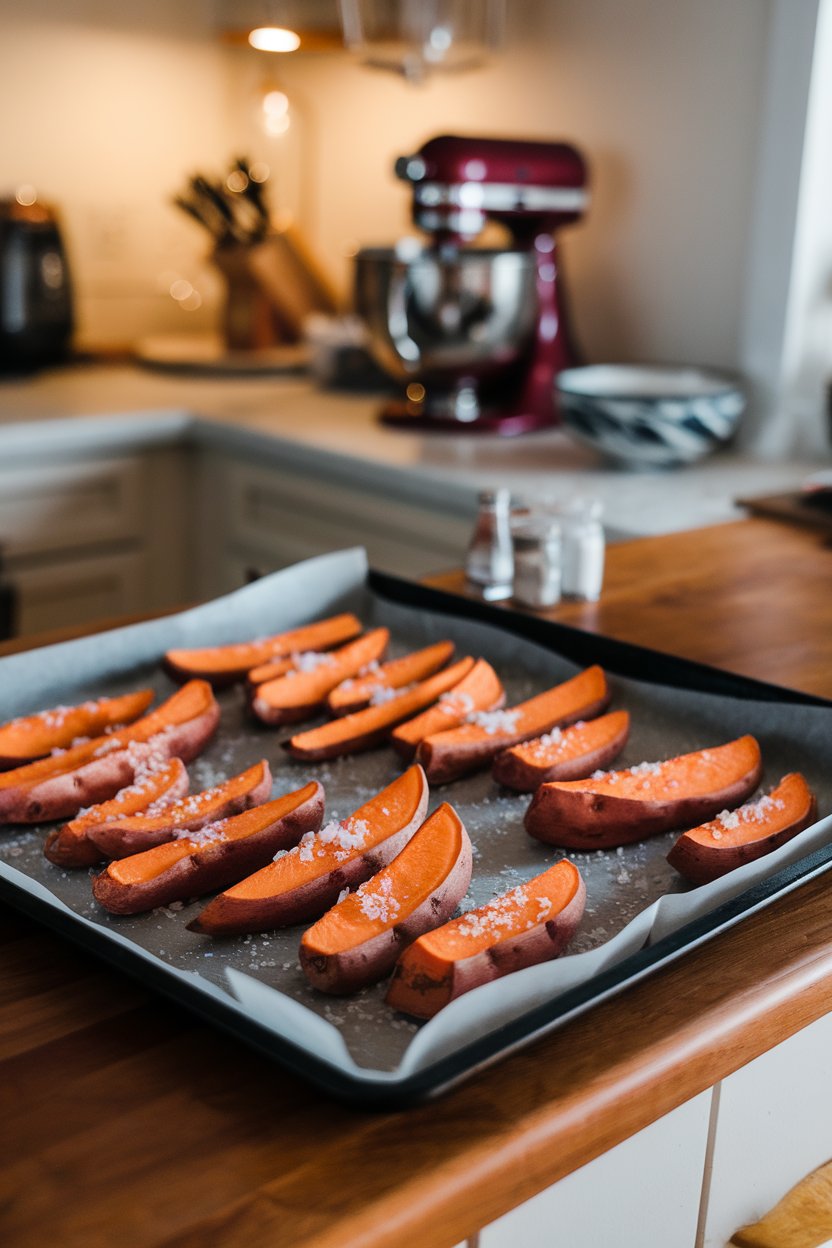 Photo of a baking sheet topped with golden sweet potato wedges sprinkled with sea salt, photographed indoors on a kitchen island. No text or branding visible.