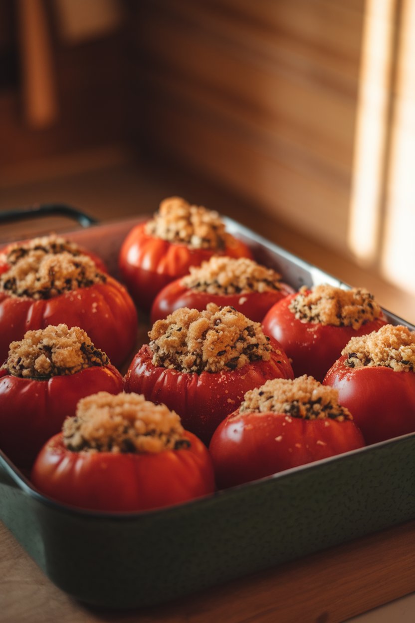 Indoor baking dish with large tomatoes filled with herbed farro and topped with breadcrumbs; warm kitchen light; photo, no text or logos.