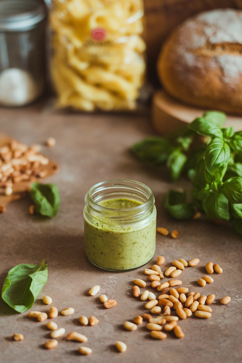 Indoor Italian-style countertop showing a small jar of pine nut pesto vinaigrette, scattered toasted pine nuts and basil. Photo, not illustration. No text or logos.