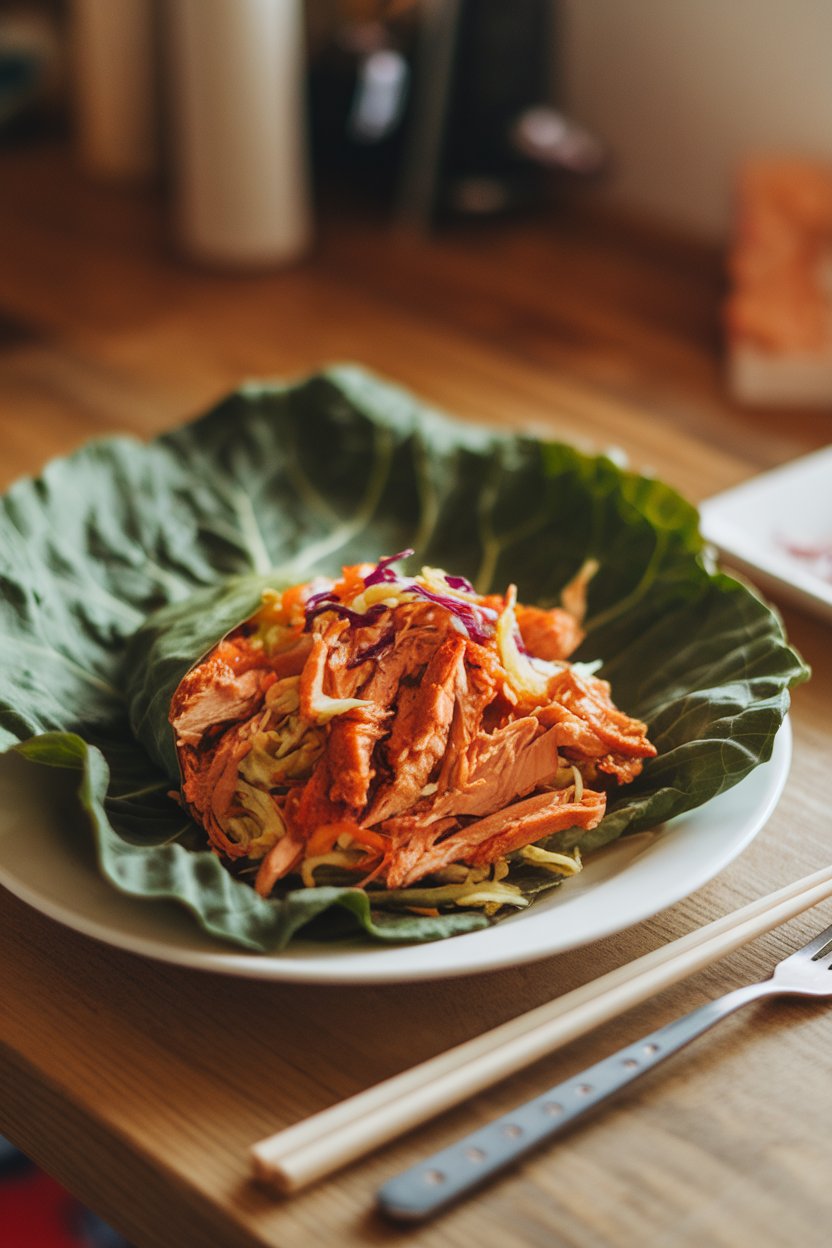 Indoor kitchen scene showing a large collard leaf wrapped around shredded BBQ chicken and colorful cabbage slaw on a white plate. No branding or text.
