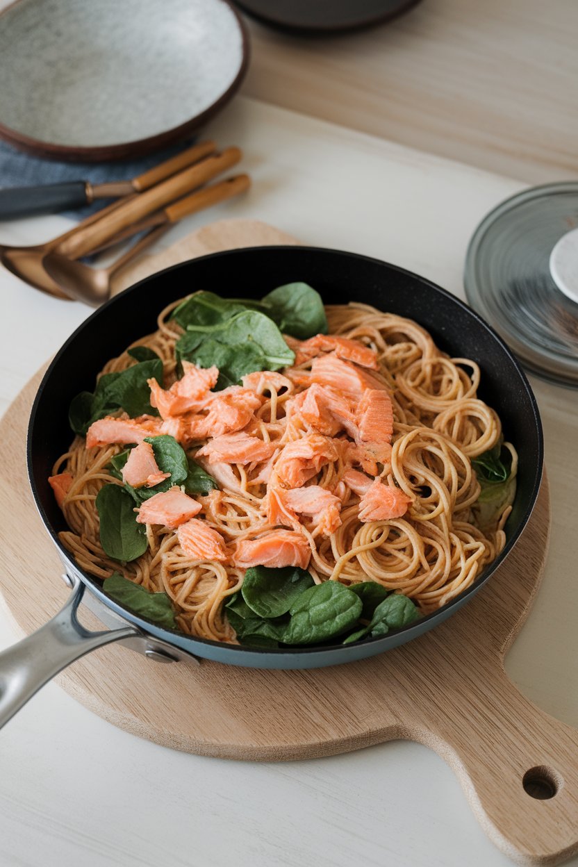 An indoor kitchen table with a skillet of whole-wheat spaghetti tossed in lemon-garlic olive oil, flaked salmon, and baby spinach. No brand names or text in scene.