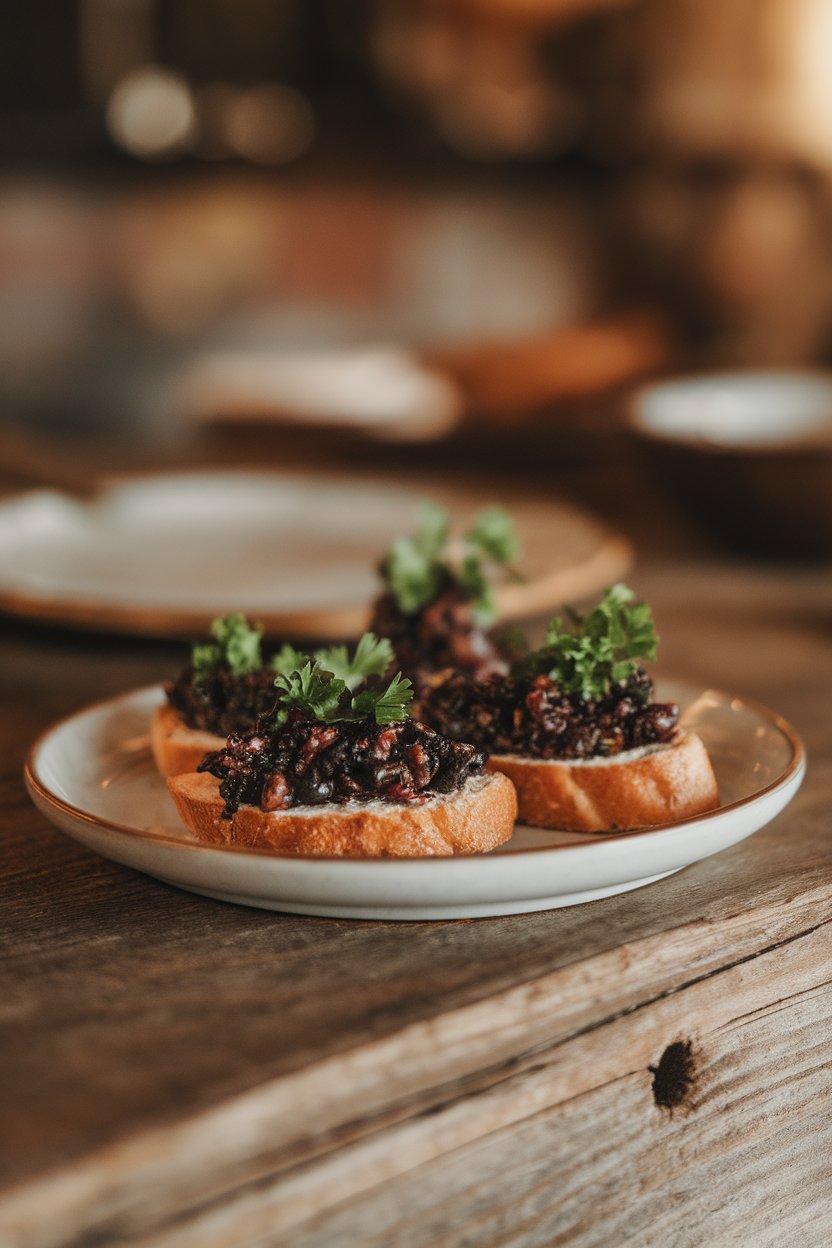 Crostini topped with dark olive tapenade and parsley garnish on an indoor plate. No text or logos. Photo.