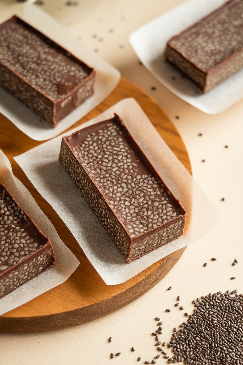 Indoor photo of rectangular cacao chia seed bars wrapped in parchment squares. No text or logos.