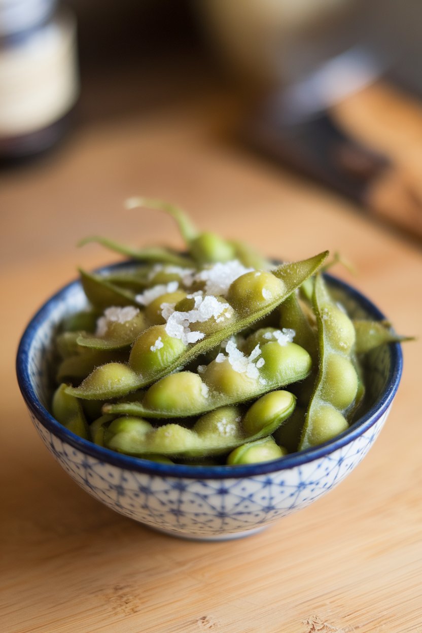 Indoor bowl of steamed edamame pods with a light sprinkle of flaky sea salt. No text or logos; photo.