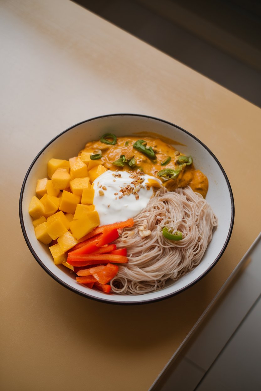 An indoor surface displaying a wide bowl of thin rice noodles, mango cubes, bell peppers, and curry yogurt dressing; no text or logos.