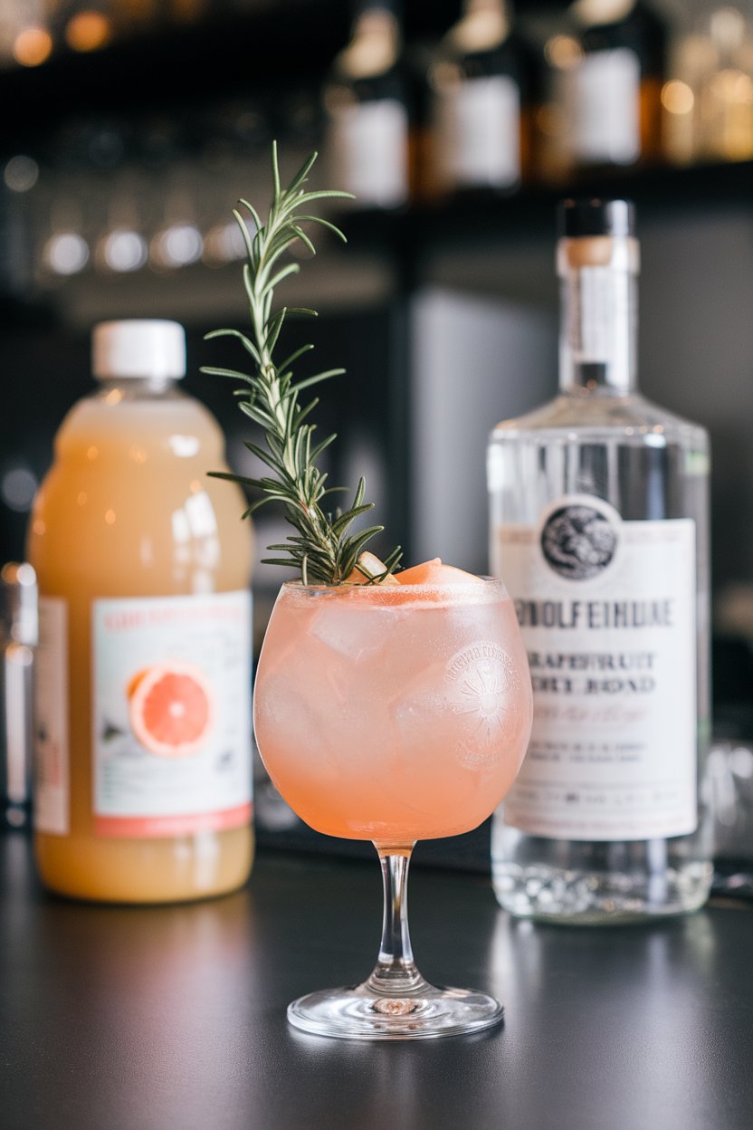Indoor bar with a collins glass of pale grapefruit Greyhound, rosemary sprig standing tall. No text or logos in scene.