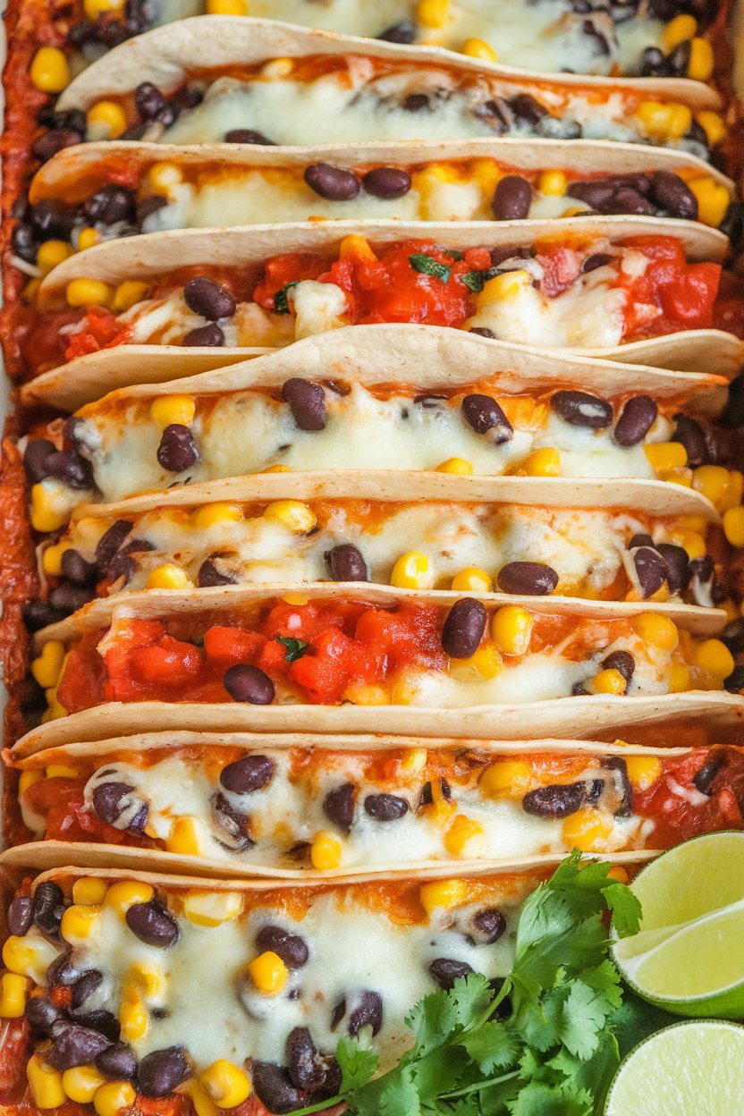 Indoor baking dish layered with tortillas, black beans, corn, salsa, and melted cheese, sliced like lasagna. Photo only, no text or logos.