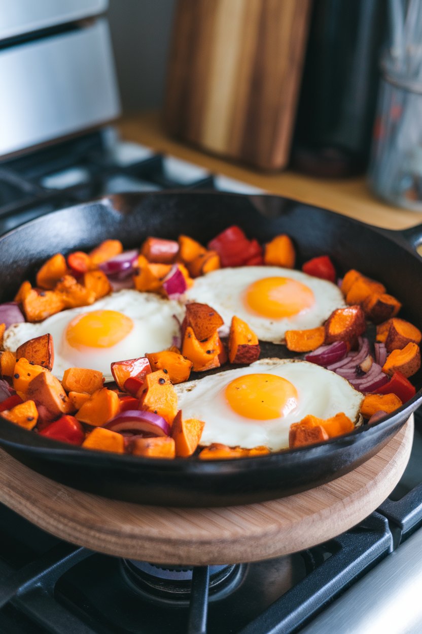 Photo prompt: A cast-iron skillet on an indoor stove filled with diced roasted sweet potatoes, bell peppers, red onion, and sunny-side eggs nestled on top. No visible text or logos.