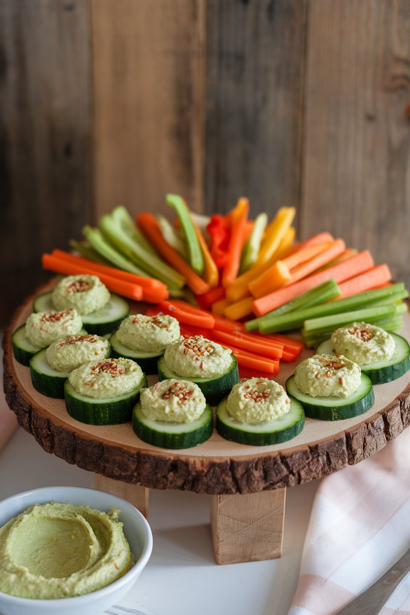 Indoor appetizer board with cucumber slices topped with pale green edamame hummus and sesame seeds. No logos or text.
