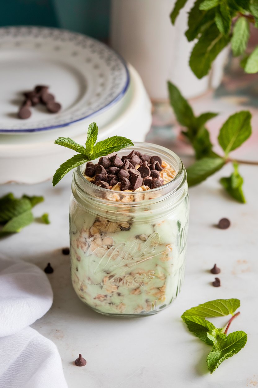 Indoor dessert-style counter photo of a jar filled with pale green mint oats, dark chocolate chips scattered on top, and a mint sprig garnish. No branding or text. Photo only.