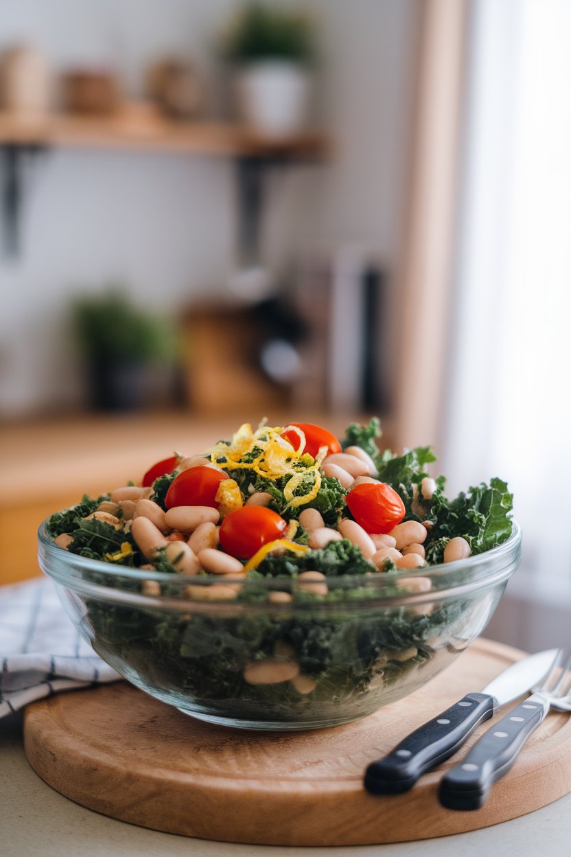 Photo, indoors, salad bowl brimming with massaged kale, cannellini beans, cherry tomatoes, and lemon zest shavings. No text or logos on utensils or linens.
