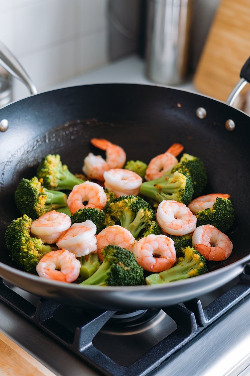 A wok on an indoor stovetop filled with cooked shrimp and bright green broccoli florets coated in a glossy ginger-soy sauce. No logos on cookware.