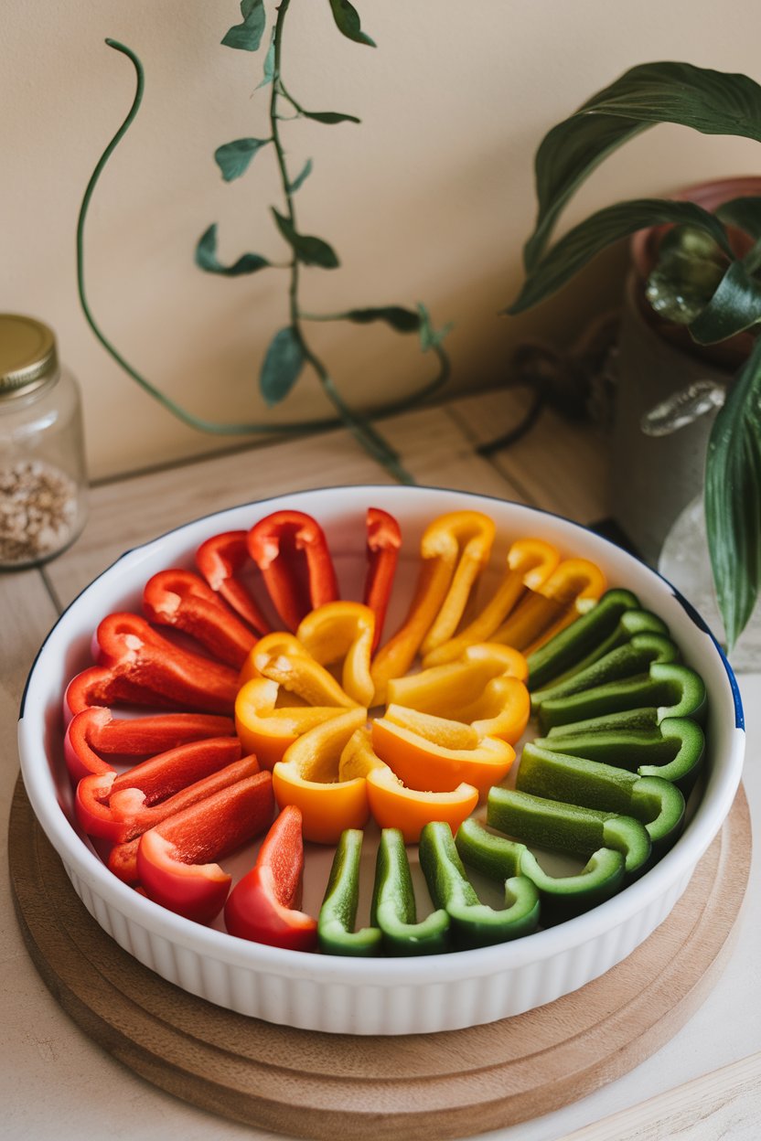 Indoor veggie tray displaying sliced red, yellow, and green bell peppers in a white dish. No text or logos. Photo.