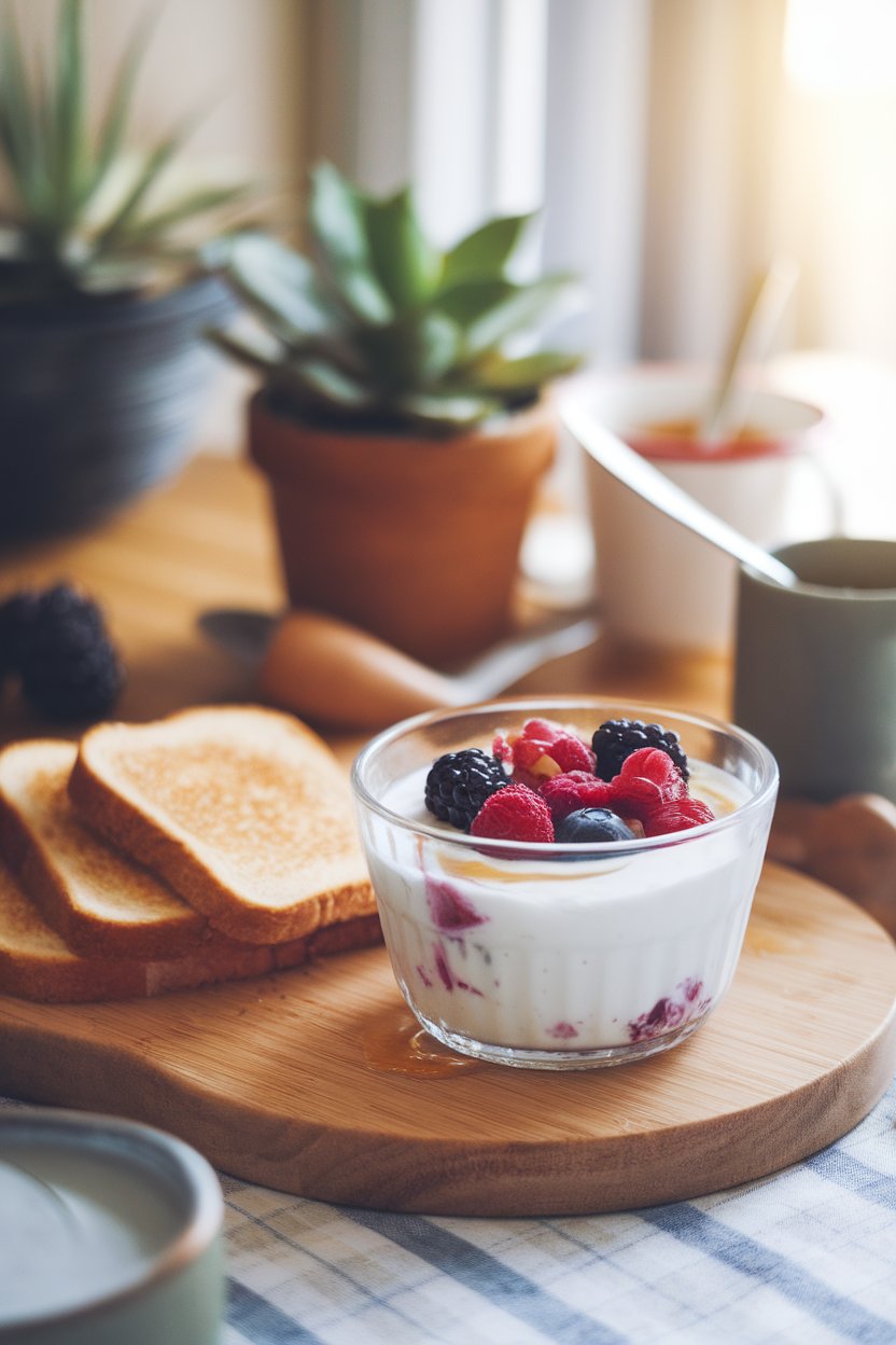 An indoor breakfast nook featuring a clear glass bowl of thick Greek yogurt topped with mixed berries and a light swirl of honey, captured from a slight overhead angle. Warm morning light, no text or logos visible.