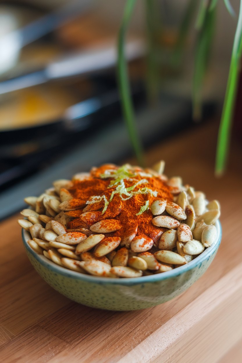 A small dish indoors filled with roasted pumpkin seeds dusted with chili powder and lime zest; no text or logos, photo only