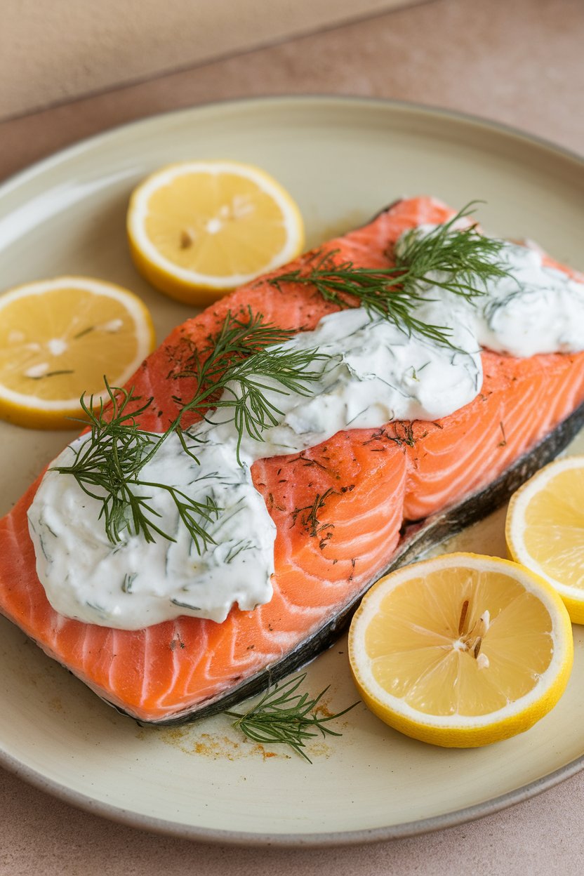 Indoor dinner table photo of a baked salmon fillet topped with creamy dill yogurt sauce and lemon slices, presented on a light platter. Fish is cooked, no raw flesh visible, no text or logos.