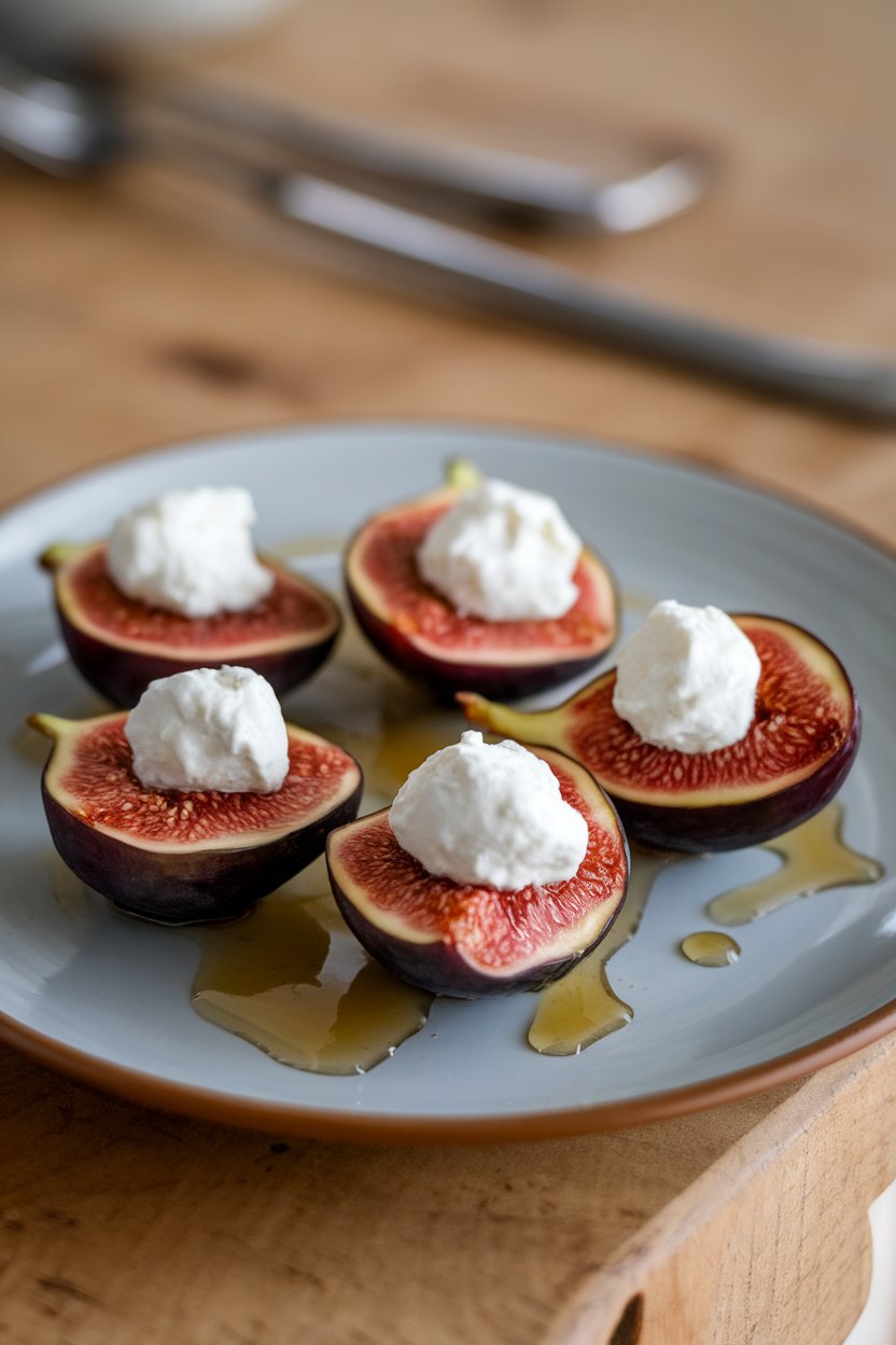 Indoor appetizer plate featuring halved figs topped with dollops of ricotta and honey drizzle. No text or logos.