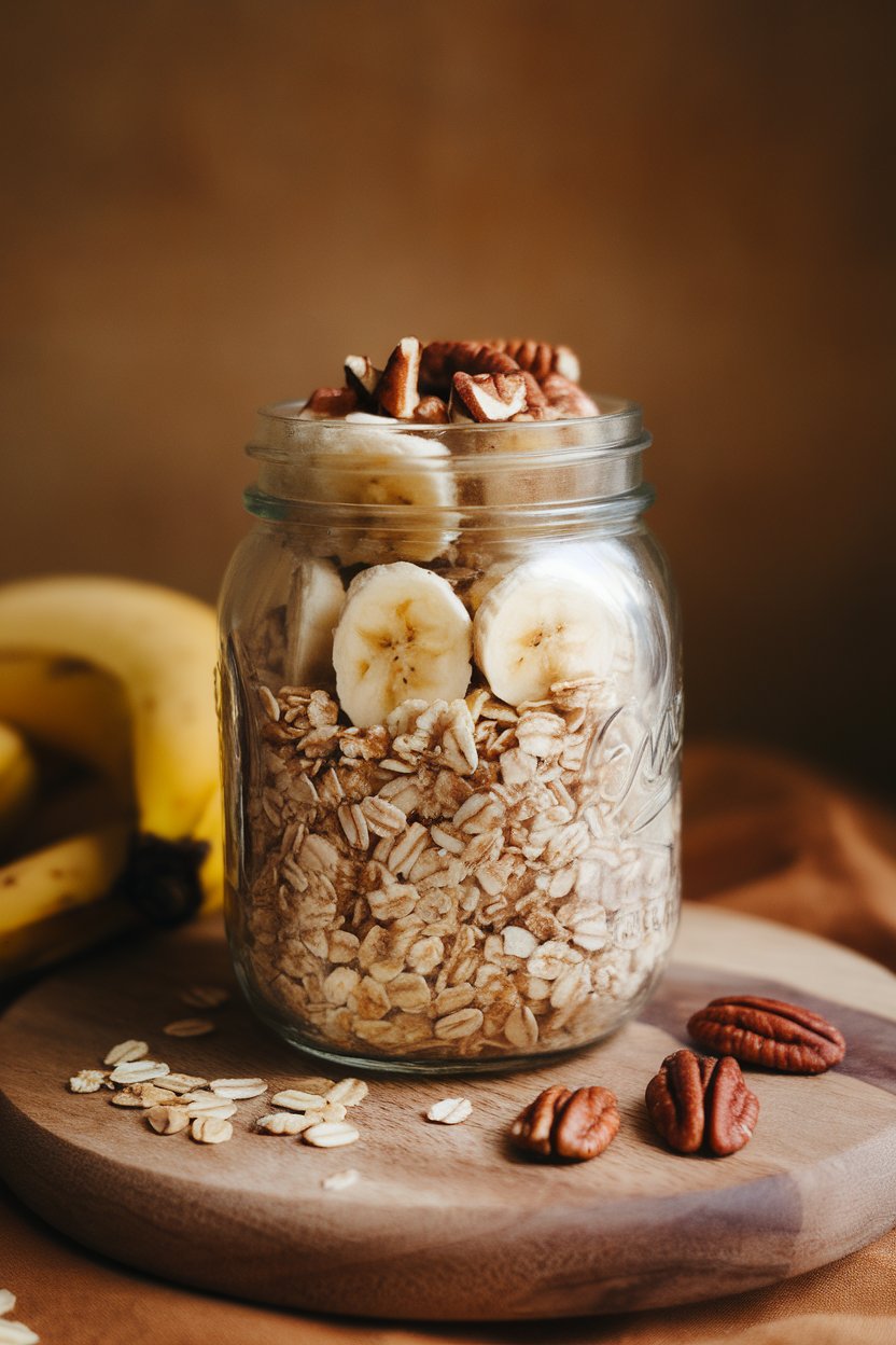 Indoor cozy counter shot of a jar featuring cinnamon-spiced oats, mashed banana, and a sprinkle of chopped pecans, evoking banana bread batter. No text or logos. Photo not illustration.
