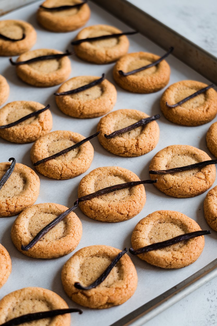An indoor cookie sheet with round almond flour cookies flecked with vanilla bean, photo only, no logos.