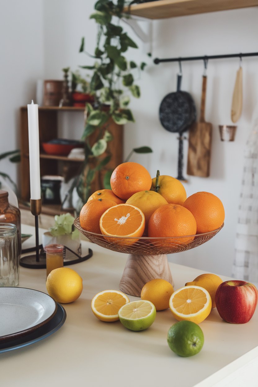 Indoor fruit bowl on a kitchen table with whole oranges and one orange half showing juicy segments. No brand stickers or text. Photo only.