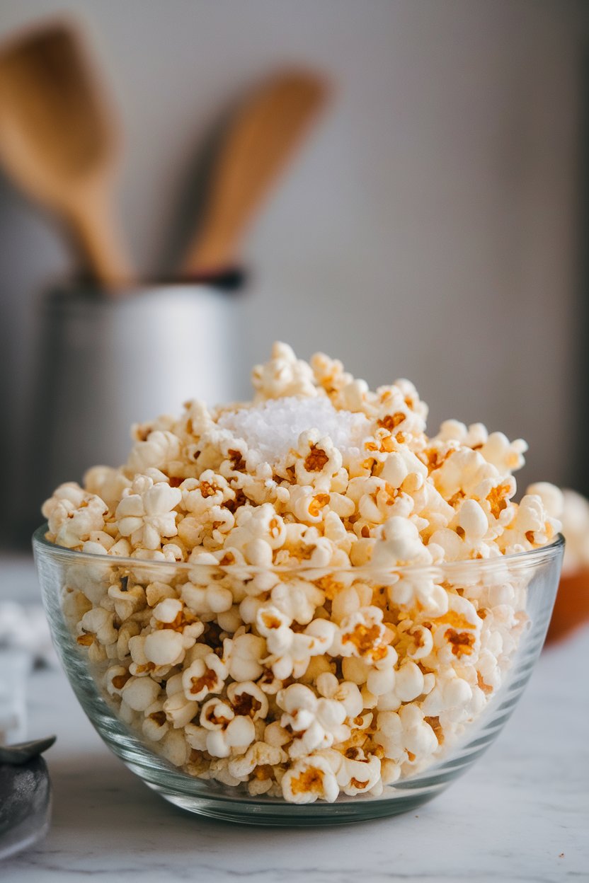 Indoor photo of a glass bowl overflowing with freshly air-popped popcorn, a pinch of sea salt visible, soft background blur, no text or logos