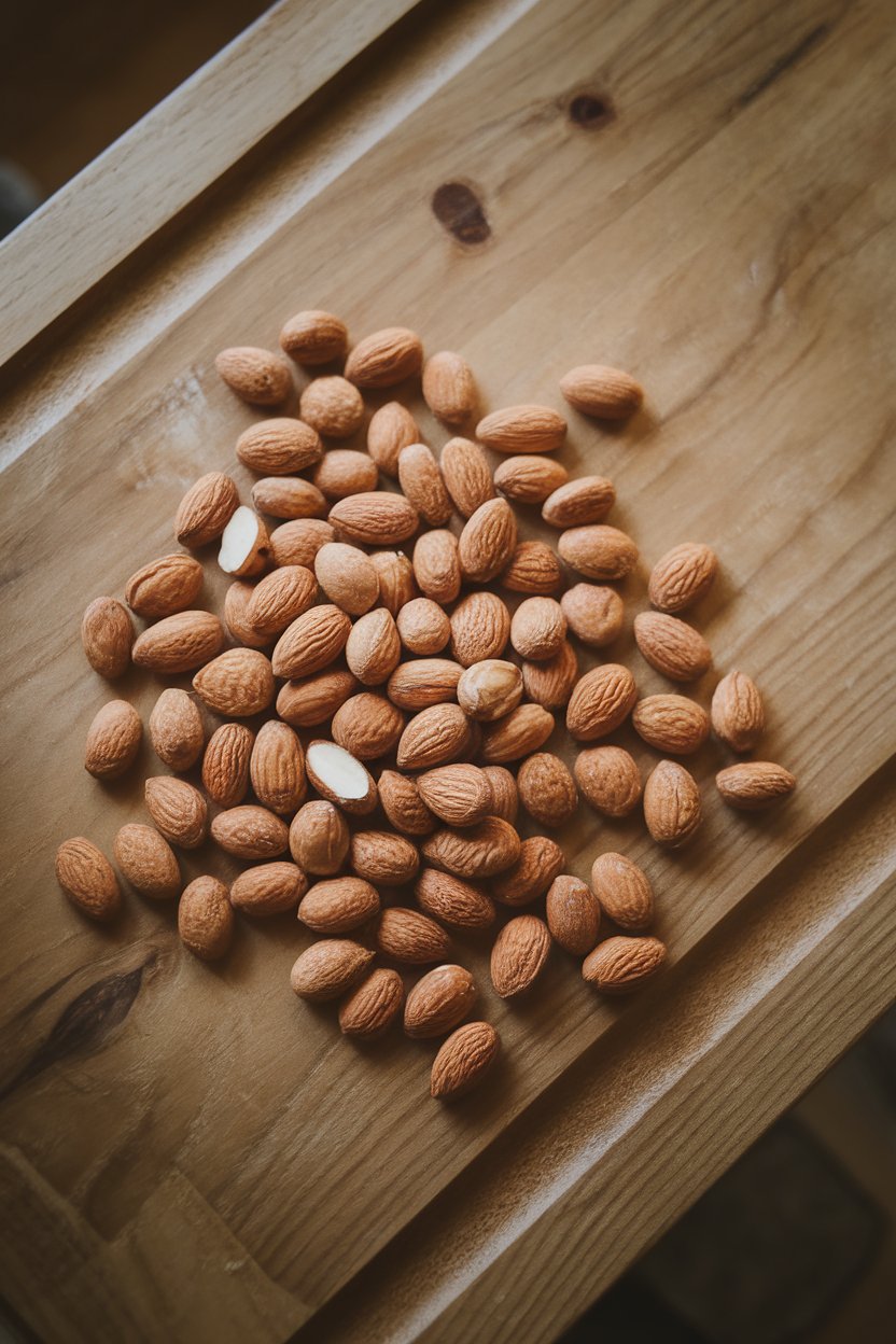 Photo of a handful of raw almonds scattered on an indoor wooden board, soft overhead light, no text or logos