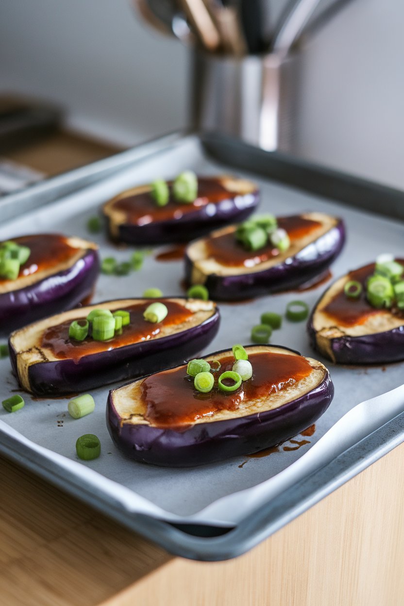An indoor baking sheet featuring broiled eggplant halves brushed with glossy miso glaze and garnished with green onions. No logos or text. Photo.