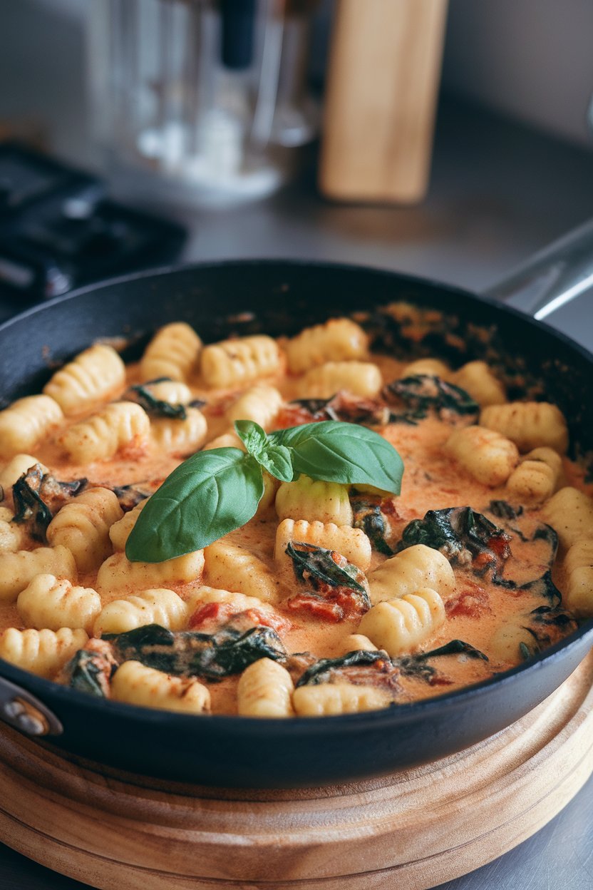 Photo of an indoor skillet holding potato gnocchi coated in a creamy sun-dried tomato sauce with spinach leaves; no text or logos