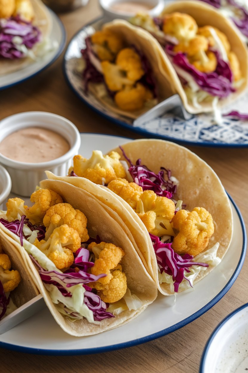 An indoor taco spread showing soft corn tortillas filled with golden cauliflower florets and colorful cabbage slaw; photo only, no text or logos.