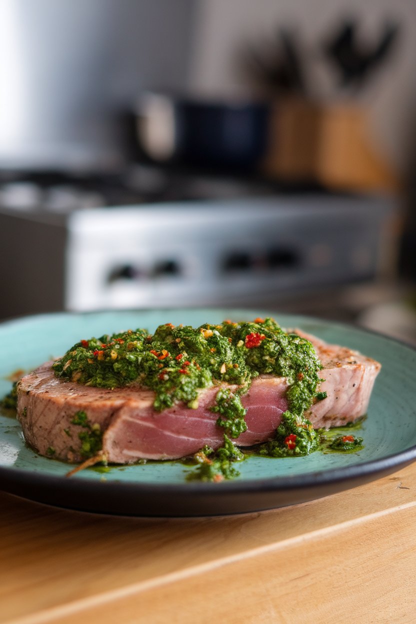 Plate with a cooked tuna steak topped with vibrant green chimichurri sauce; indoor, 45-degree angle, no brand marks.