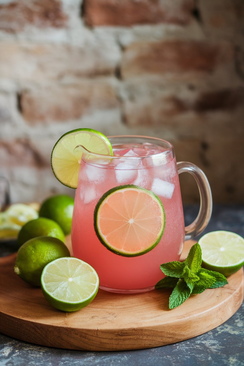 A photo of an indoor pitcher showing pink prickly pear drink with lime wheels and ice; no text or logos.