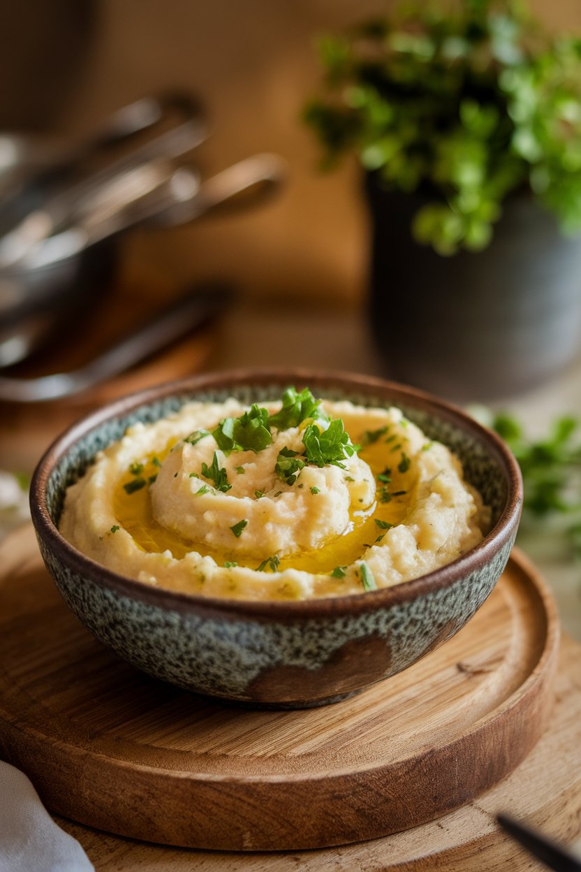 An indoor scene showing a rustic bowl of creamy celery root mash topped with a drizzle of olive oil and chopped parsley. No logos or text.