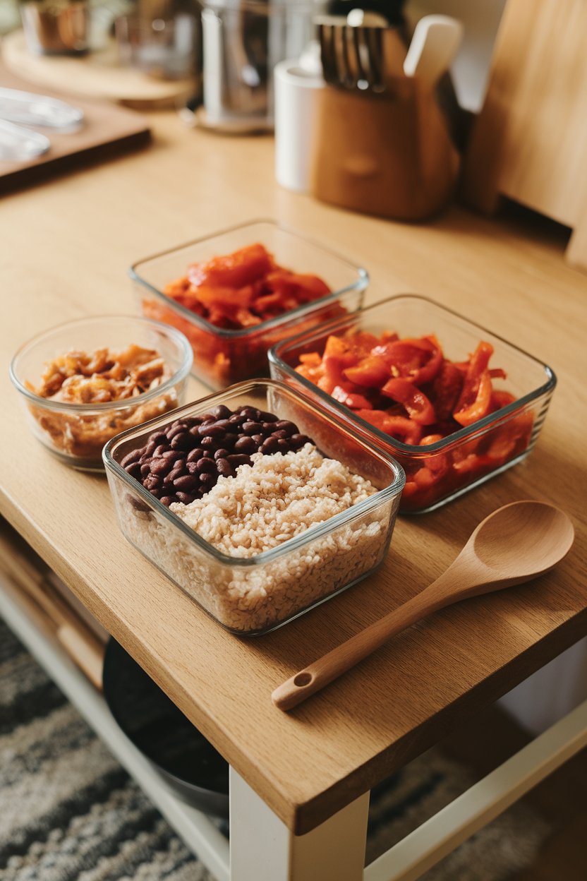 Photo of an indoor kitchen table with glass containers of brown rice, black beans, and sautéed peppers arranged for meal prep. No text or logos anywhere.