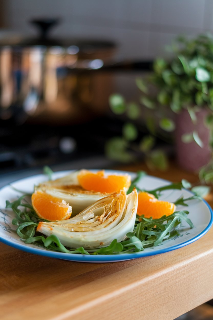 Indoor photo of a plate featuring roasted fennel wedges and segmented oranges over arugula, lightly dressed, soft kitchen lighting. No text or logos.