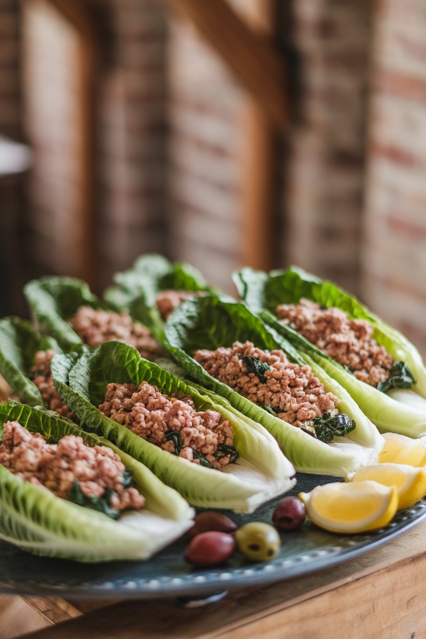 Photo of crisp romaine leaves filled with seasoned ground turkey and chopped spinach, arranged on a platter indoors with soft lighting. No text or logos present.