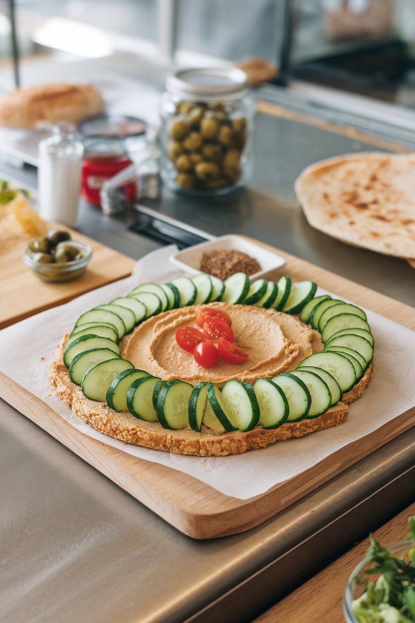 An indoor lunch counter featuring a whole-wheat tortilla spread with hummus and lined with cucumber ribbons, rolled and sliced; soft lighting, no text or logos, photo.