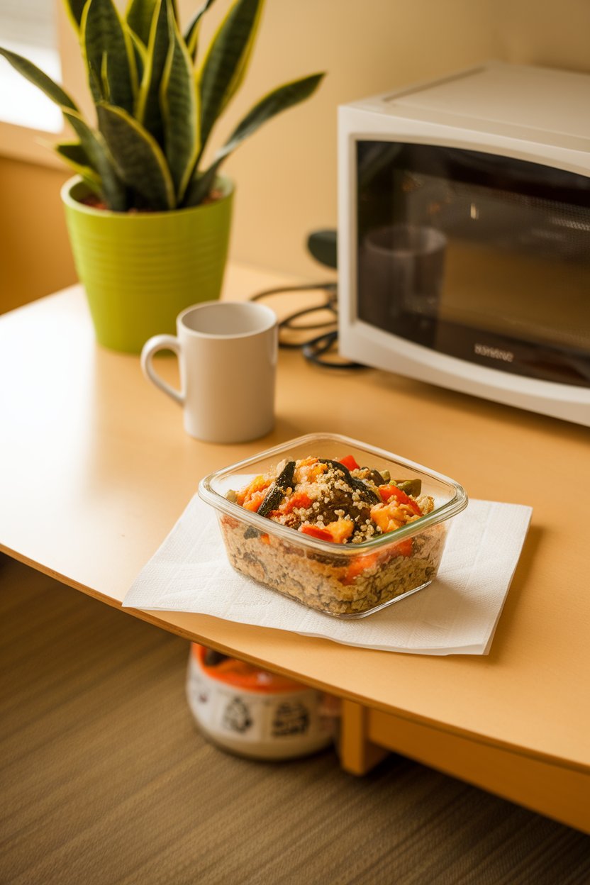 An indoor office break-room table with a glass container of quinoa vegetable stir-fry ready for microwaving; no logos. Photo only.