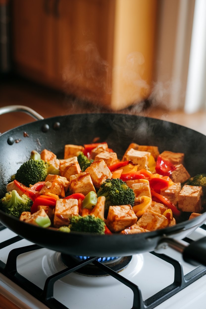 A wok on an indoor stove filled with cubed tofu, broccoli, and bell peppers glazed in teriyaki sauce, steam visible. No logos. Photo.