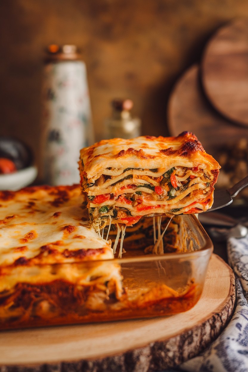 Indoor photo of a casserole dish of vegetable lasagna with a browned cheese top, slice lifted out, no text or logos.
