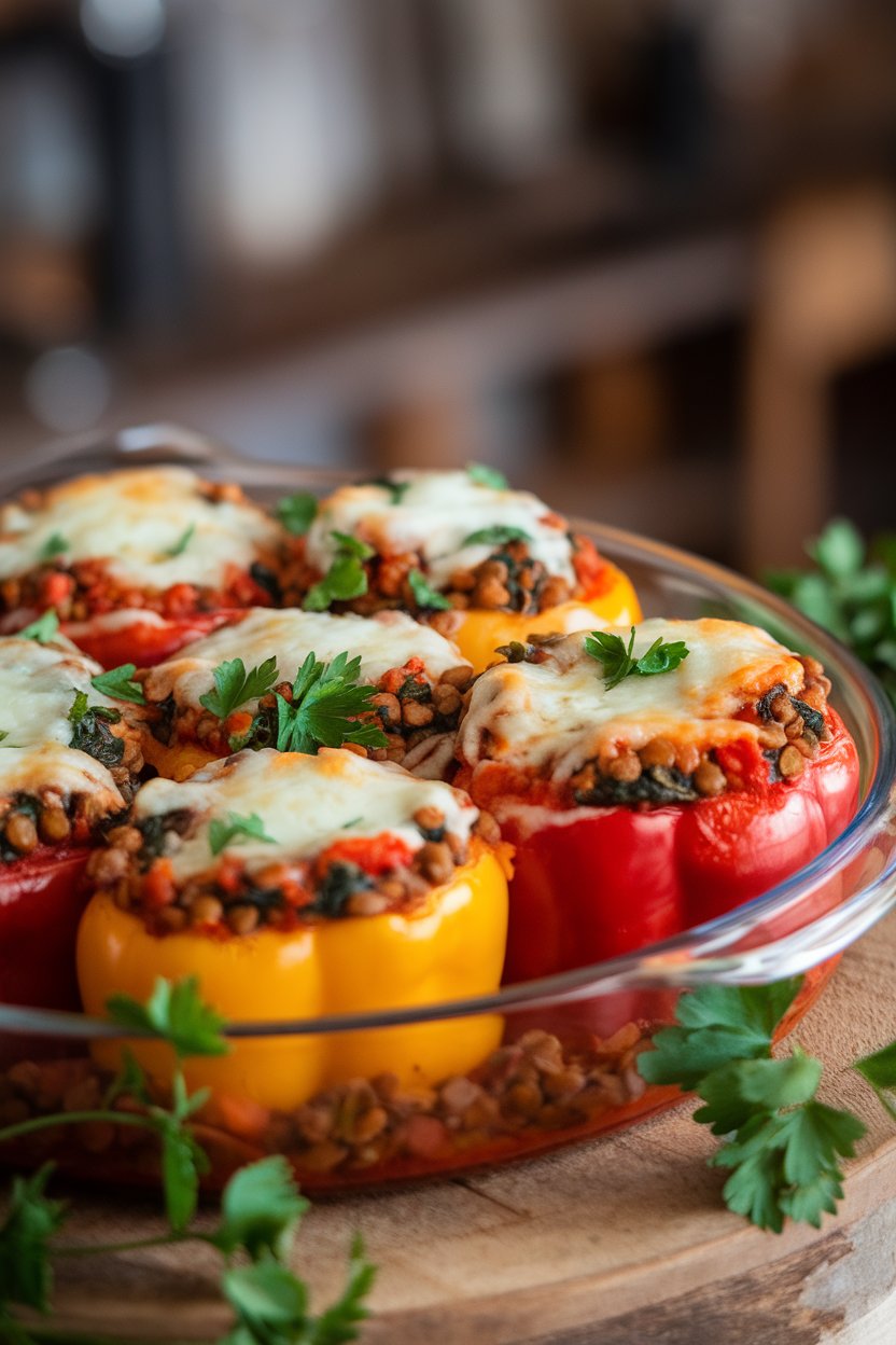 Indoor casserole dish with colorful bell peppers stuffed with lentils, spinach, and tomato sauce, cheese lightly melted on top. No text or logos visible.