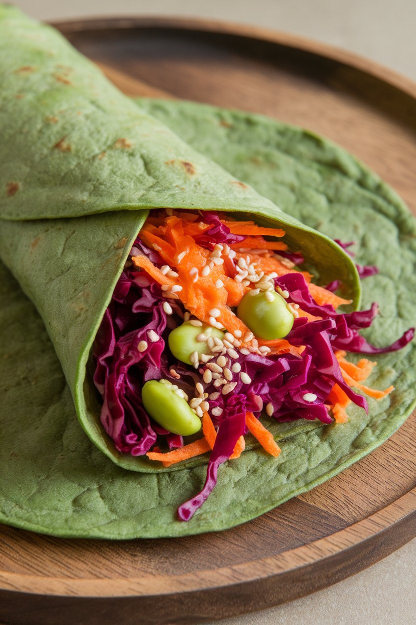 Indoor platter with a vibrant wrap of red cabbage, shredded carrot, edamame, and sesame seeds in a spinach tortilla. No text or logos.