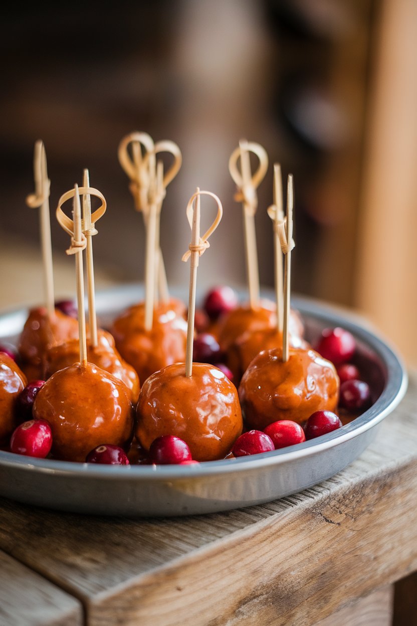 Cocktail skewers stuck into glazed meatballs in a shallow indoor dish, cranberry garnish visible. No text or logos. Photo.