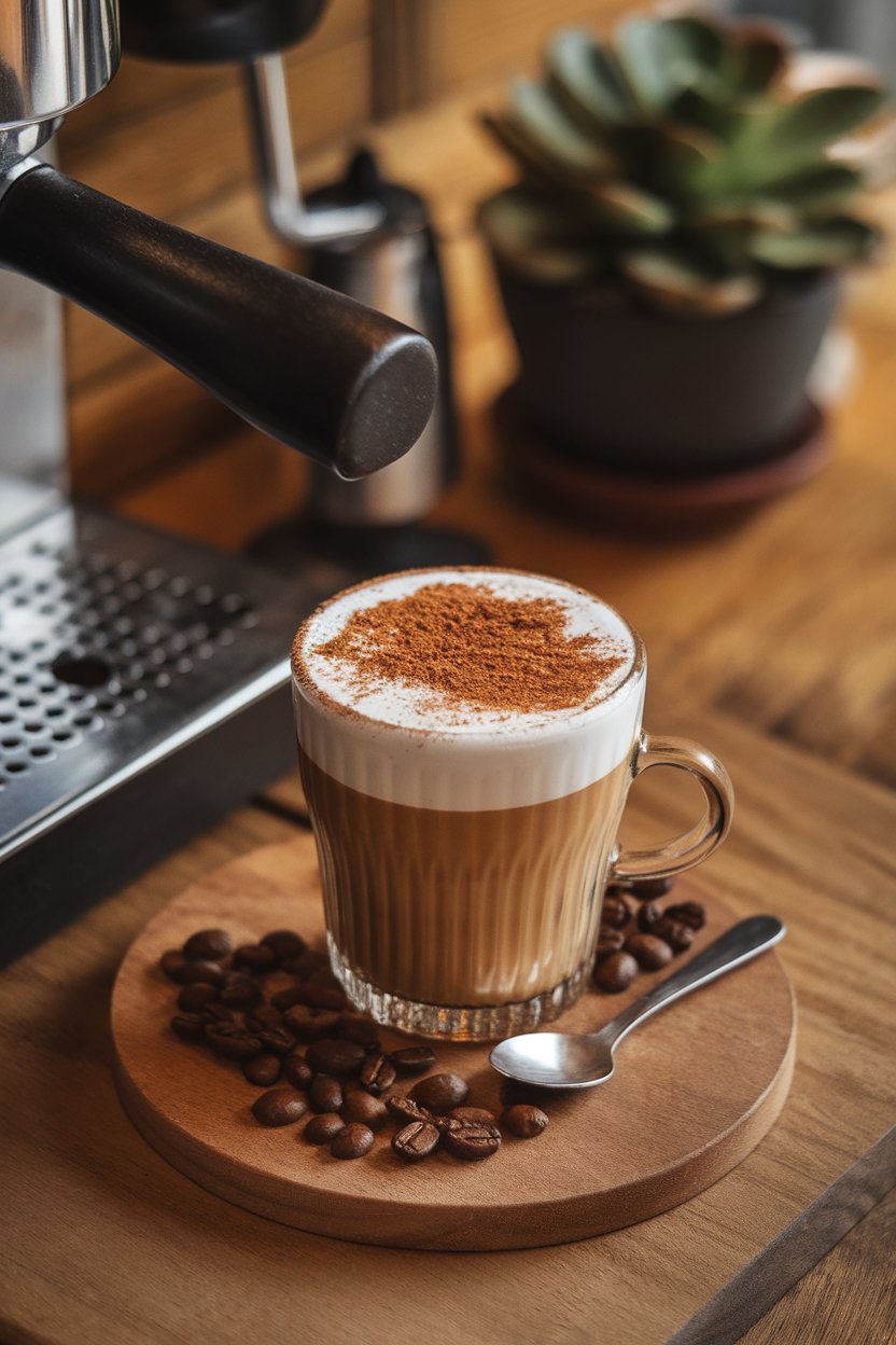 Indoor espresso bar scene showing a short glass cortado dusted generously with cinnamon sugar, small spoon next to it. No text or logos present. Photo only.