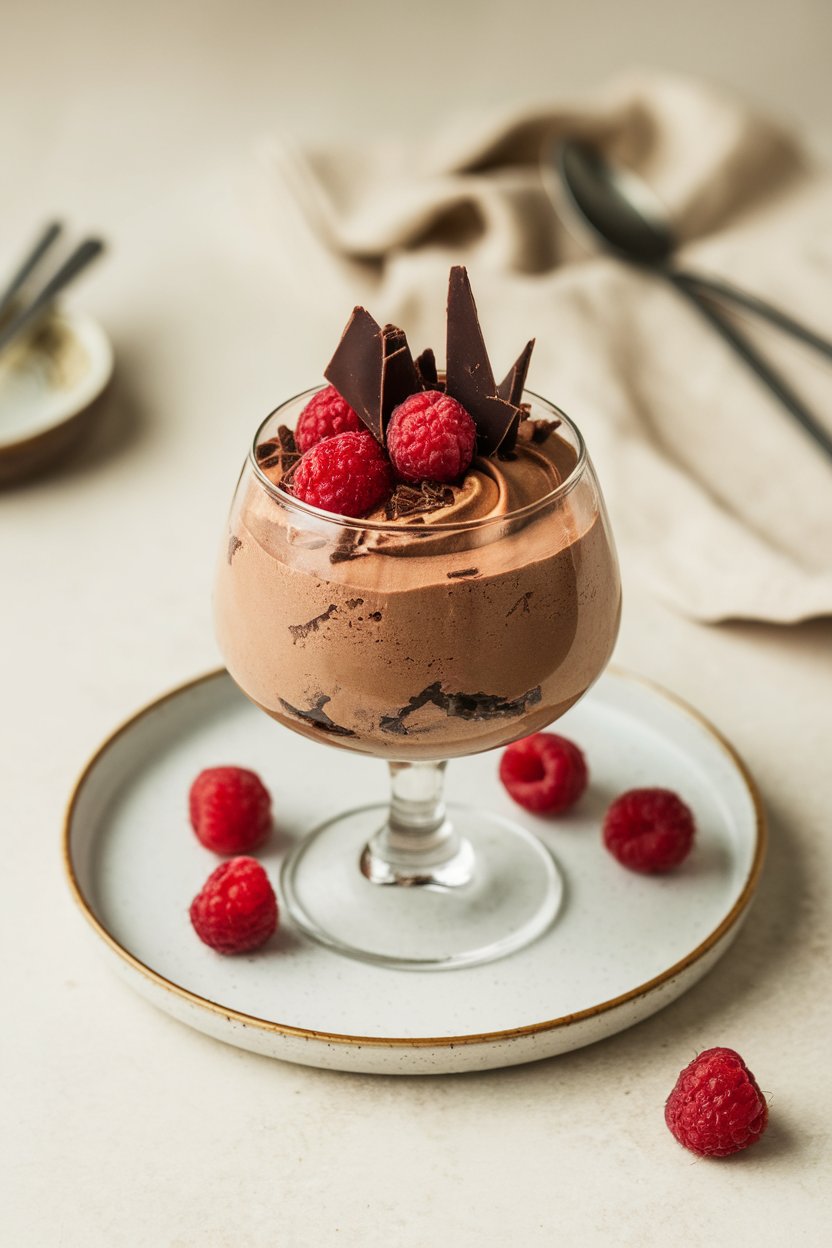 An indoor dessert glass filled with silky chocolate mousse, topped with shaved dark chocolate and raspberries. No text or logos.